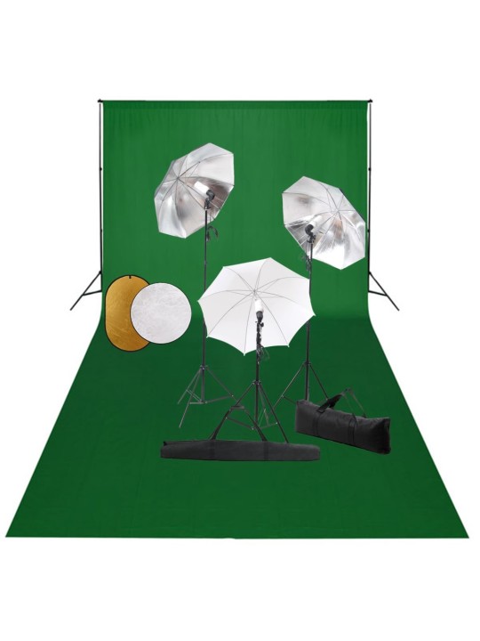 Foto studio set s lampami, deštníky, pozadím a odraznou deskou