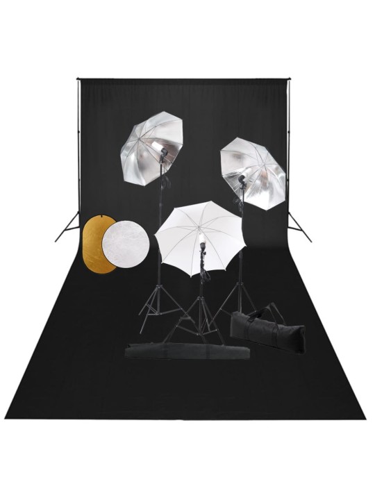 Foto studio set s lampami, deštníky, pozadím a odraznou deskou