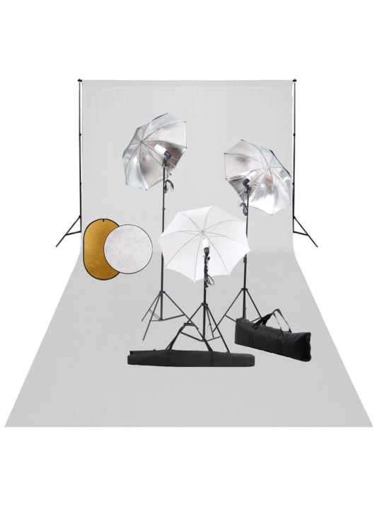 Foto studio set s lampami, deštníky, pozadím a odraznou deskou