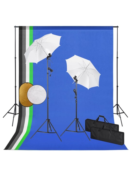 Foto studio set se světly, deštníky, pozadím a odraznou deskou