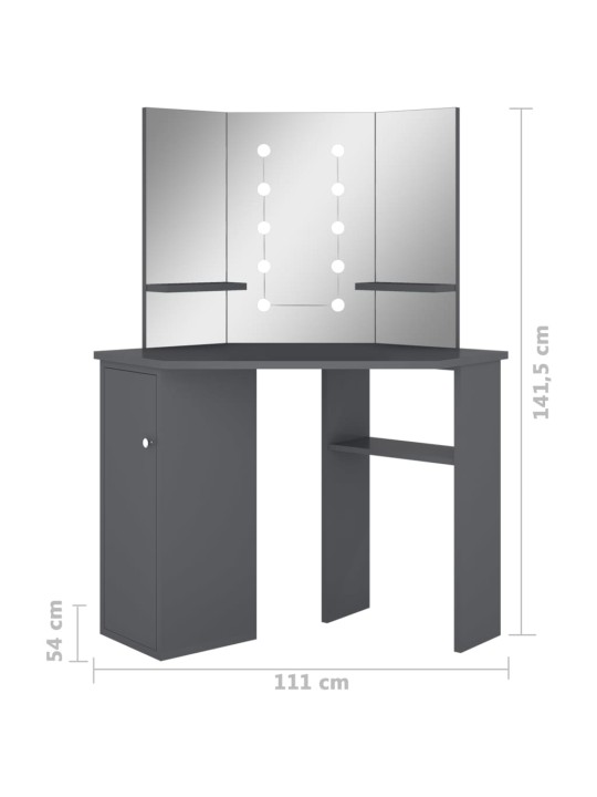 Rohový toaletní stolek s LED světlem šedý 111 x 54 x 141,5 cm