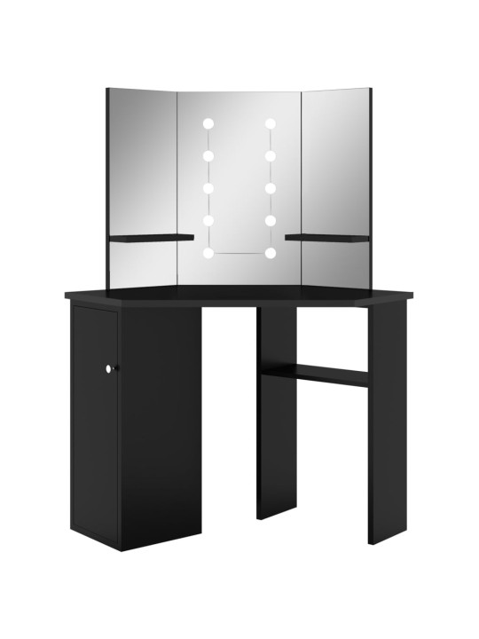 Rohový toaletní stolek s LED světlem černý 111 x 54 x 141,5 cm