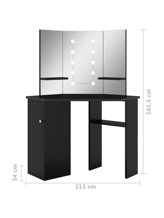 Rohový toaletní stolek s LED světlem černý 111 x 54 x 141,5 cm