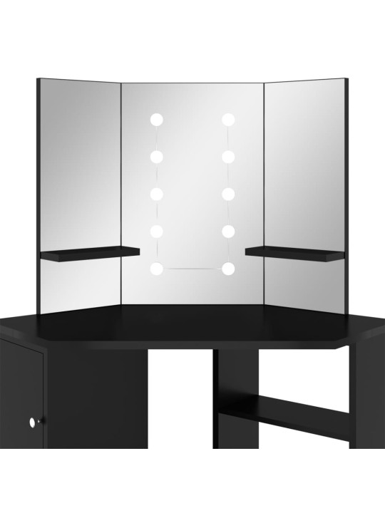 Rohový toaletní stolek s LED světlem černý 111 x 54 x 141,5 cm
