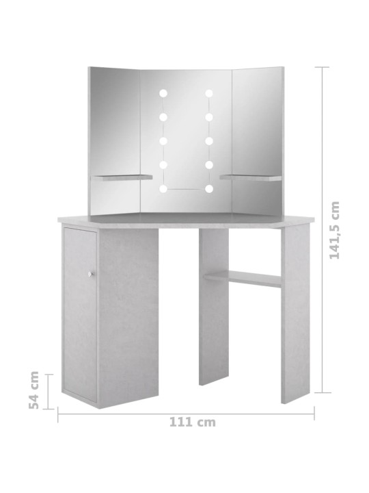 Rohový toaletní stolek s LED betonově šedý 111 x 54 x 141,5 cm