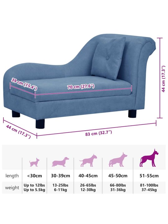 Pohovka pro psy s polštářem modrá 83 x 44 x 44 cm plyš