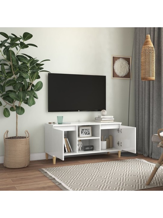 TV skříňka nohy z masivního dřeva bílá lesklá 103,5x35x50 cm