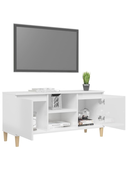 TV skříňka nohy z masivního dřeva bílá lesklá 103,5x35x50 cm