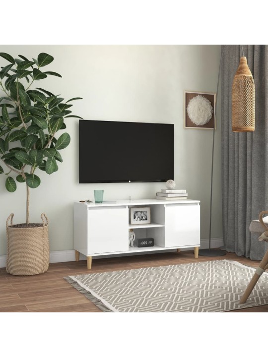 TV skříňka nohy z masivního dřeva bílá lesklá 103,5x35x50 cm