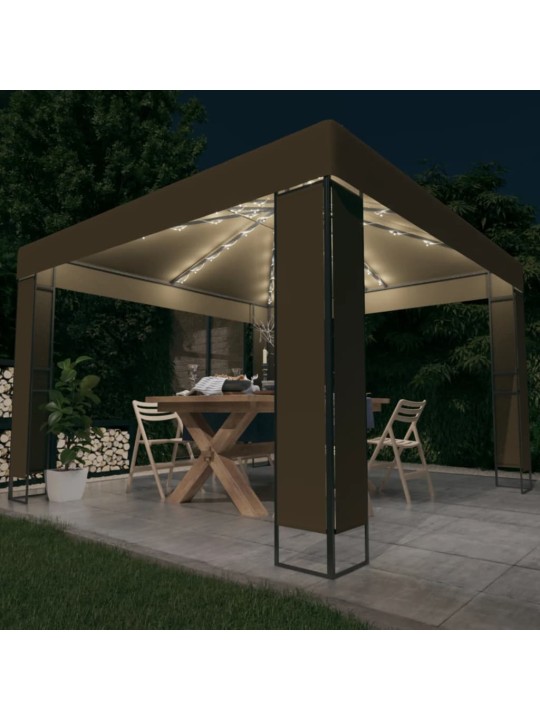 Altán s dvojitou stříškou a světelné led řetězy 3x3x2,7 m taupe