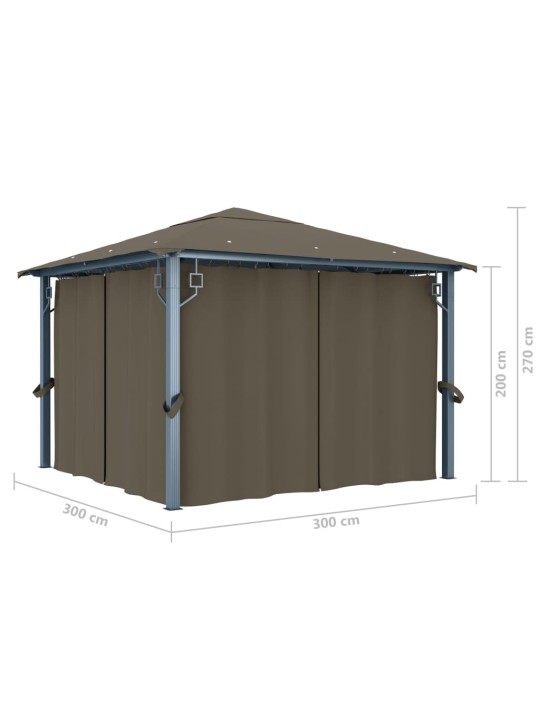 Altán se závěsy a světelnými LED řetězy 3 x 3 m taupe hliník