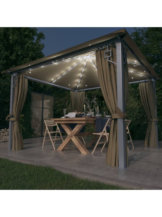 Altán se závěsy a světelnými LED řetězy 3 x 3 m taupe hliník