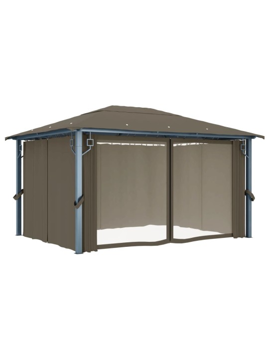 Altán se závěsy a světelnými LED řetězy 4 x 3 m taupe hliník