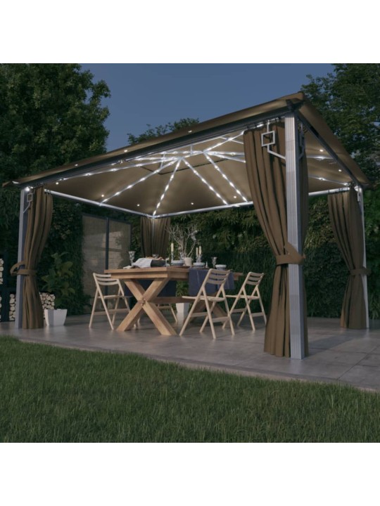 Altán se závěsy a světelnými LED řetězy 4 x 3 m taupe hliník