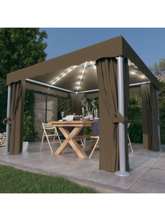 Altán se závěsy a světelnými LED řetězy 3 x 3 m taupe