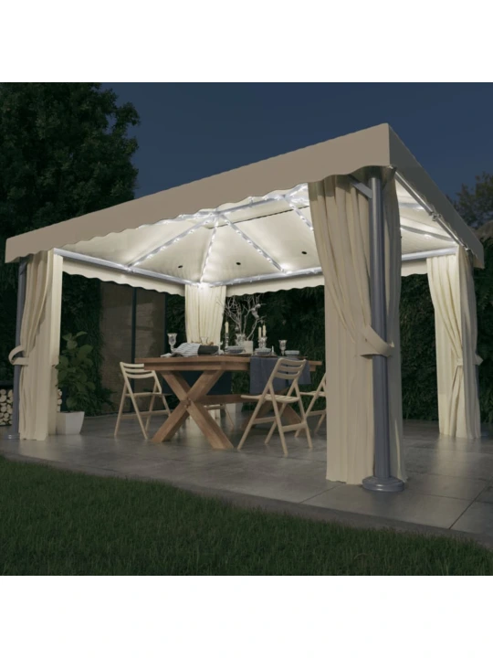 Altán se závěsy a světelnými LED řetězy 4 x 3 m krémově bílý