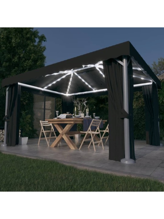 Altán se závěsy a světelnými LED řetězy 4 x 3 m antracitový