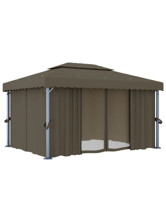 Altán se závěsy a světelnými LED řetězy 4 x 3 m taupe