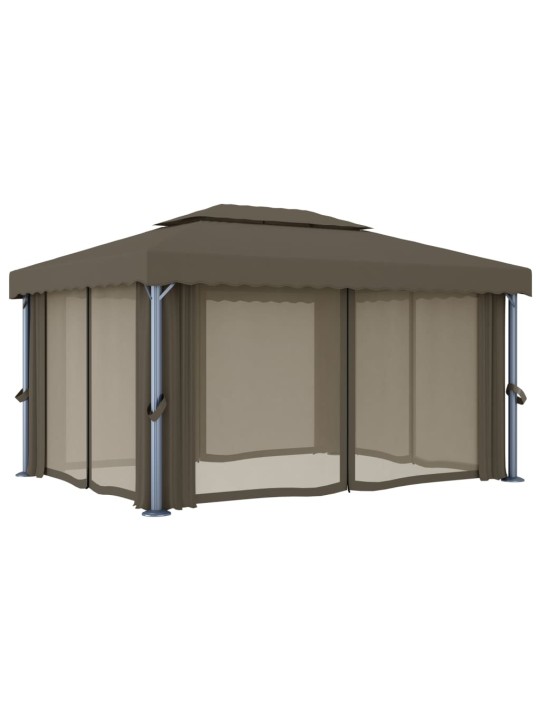 Altán se závěsy a světelnými LED řetězy 4 x 3 m taupe