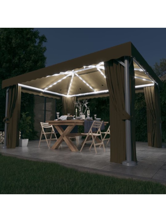 Altán se závěsy a světelnými LED řetězy 4 x 3 m taupe