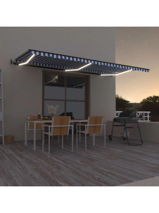 Automatická markýza LED a senzor větru 600 x 300 cm modrobílá