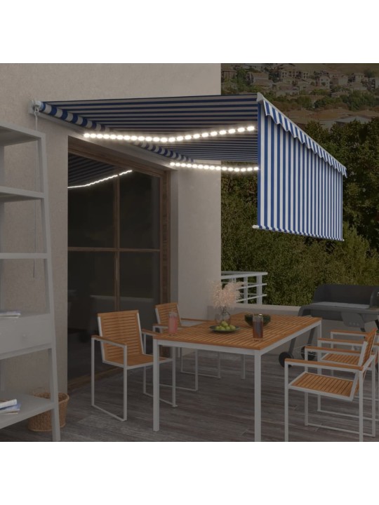 Ručně zatahovací markýza s roletou a led 4,5 x 3 m modrobílá