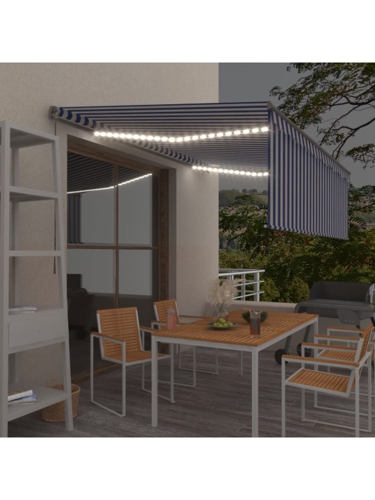 Ručně zatahovací markýza s roletou a LED 4,5 x 3 m modrobílá