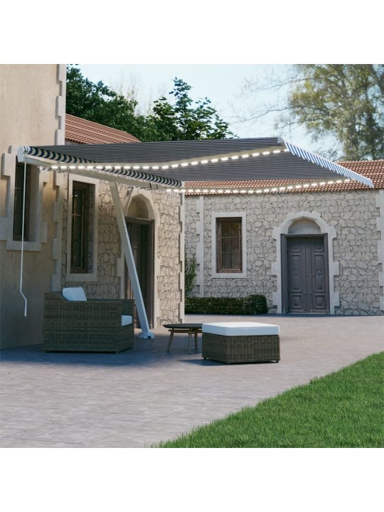 Ručně zatahovací markýza s LED světlem 400x300 cm modrobílá