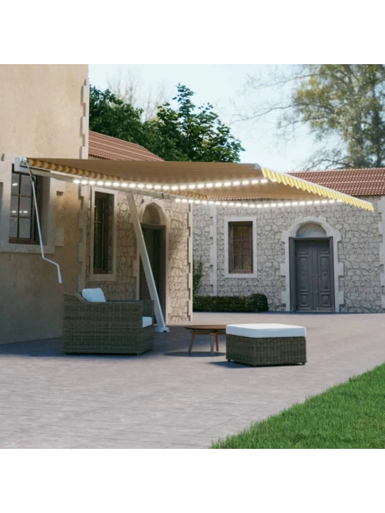 Ručně zatahovací markýza s LED světlem 500 x 300 cm žlutobílá