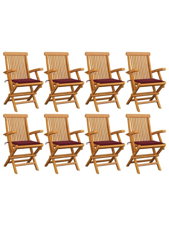 Zahradní židle s vínovými poduškami 8 ks masivní teak