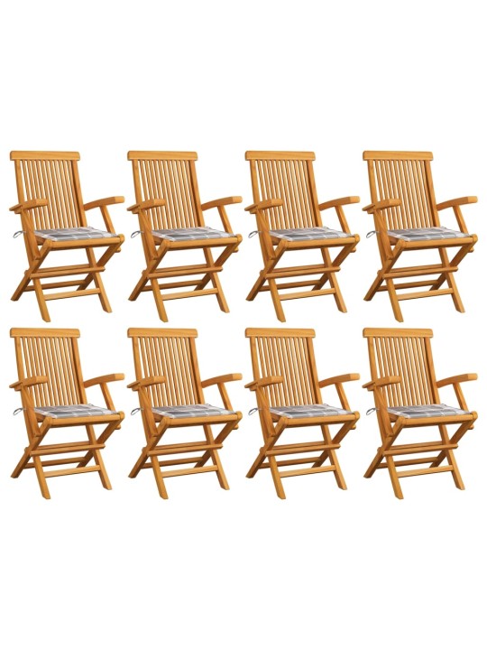 Zahradní židle se šedými károvanými poduškami 8 ks masivní teak