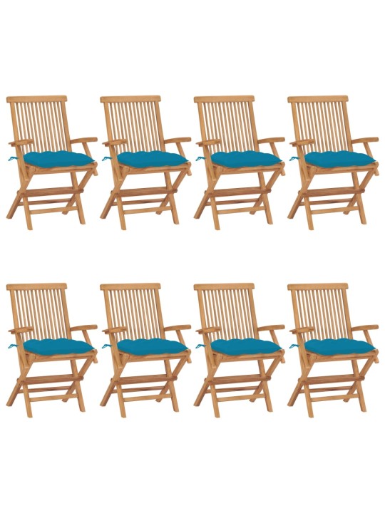 Zahradní židle se světle modrými poduškami 8 ks masivní teak