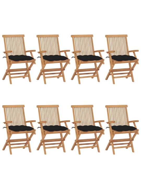 Zahradní židle s černými poduškami 8 ks masivní teak