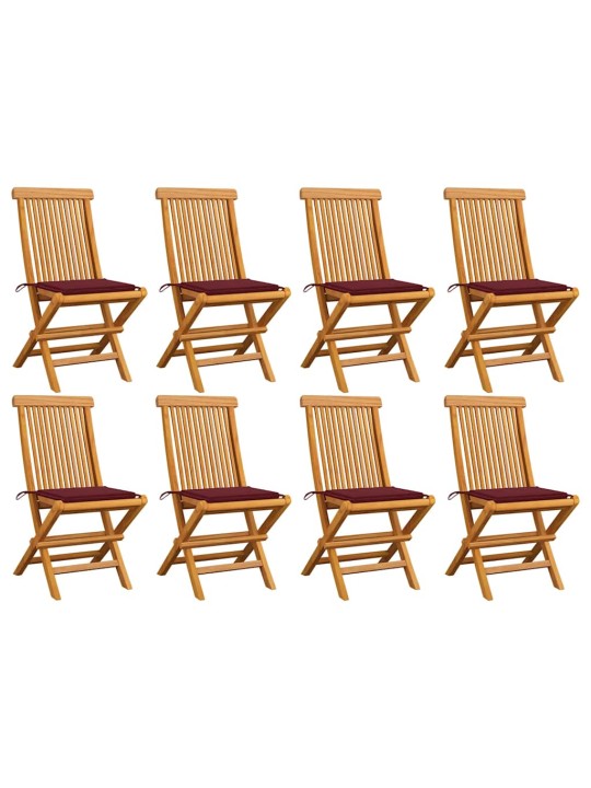Zahradní židle s vínovými poduškami 8 ks masivní teak