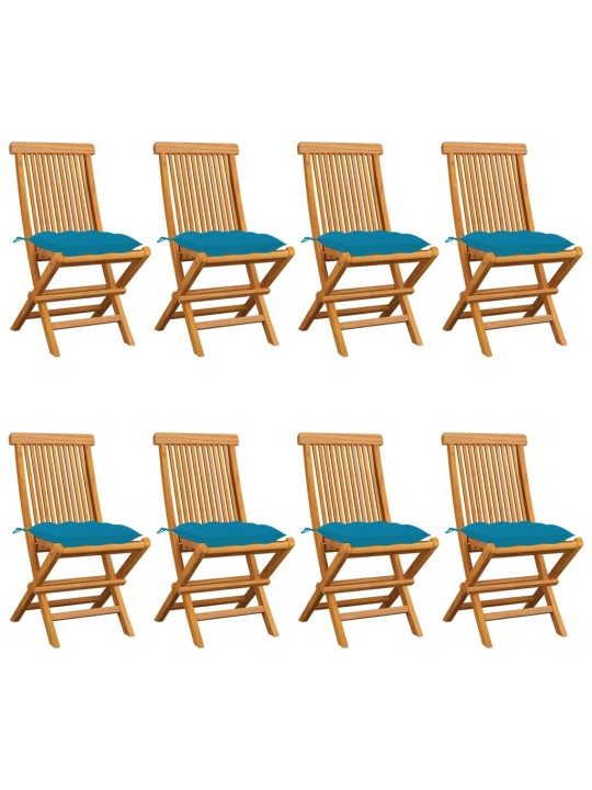 Zahradní židle se světle modrými poduškami 8 ks masivní teak