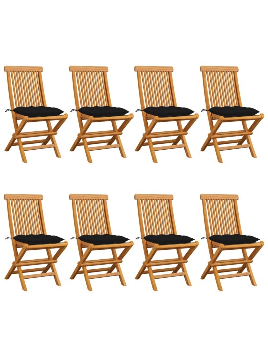 Zahradní židle s černými poduškami 8 ks masivní teak