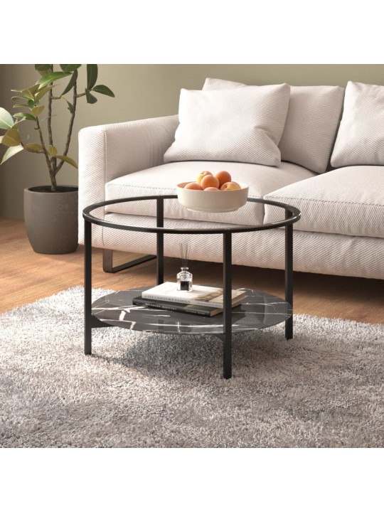 Čajový stolek černý a černý mramor 70 cm tvrzené sklo