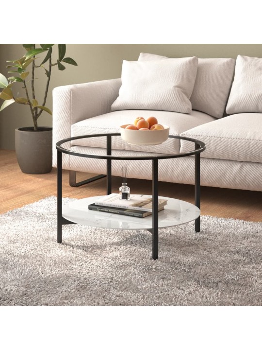 Čajový stolek černý a bílý mramor 70 cm tvrzené sklo