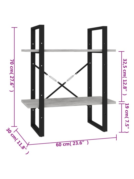 Knihovna se 2 policemi betonově šedá 60 x 30 x 70 cm kompozit