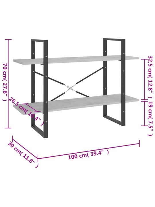 Knihovna se 2 policemi betonově šedá 100 x 30 x 70 cm kompozit
