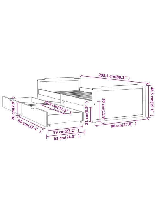 Rám postele se zásuvkami masivní borové dřevo 90 x 200 cm