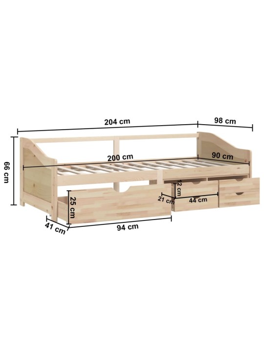 3místná válenda se zásuvkami masivní borovice 90 x 200 cm