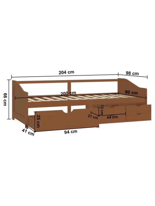 3místná válenda zásuvky medově hnědá masivní borovice 90x200 cm
