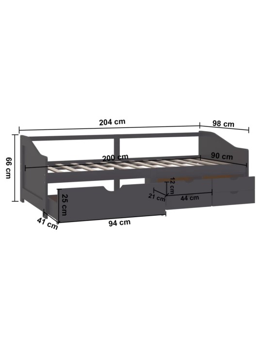 3místná válenda se zásuvkami šedá masivní borovice 90 x 200 cm