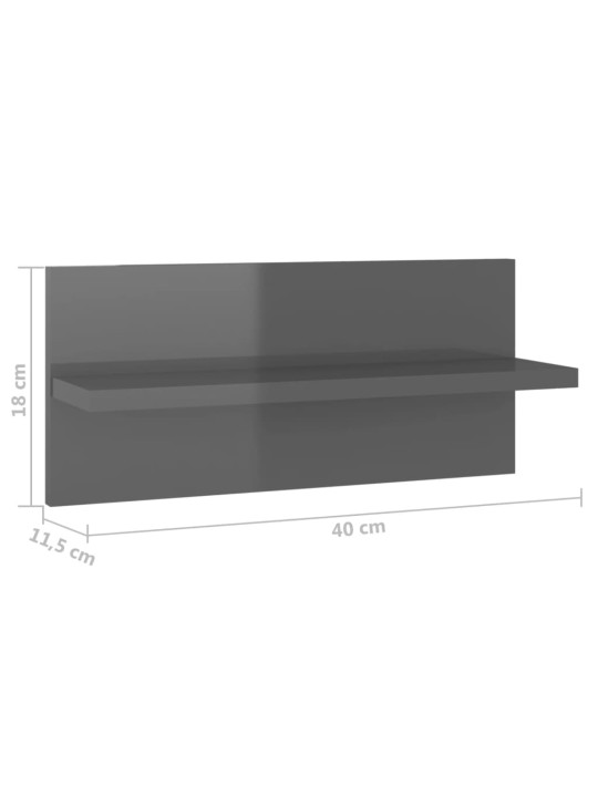 Nástěnné police 4 ks šedé s vysokým leskem 40 x 11,5 x 18 cm