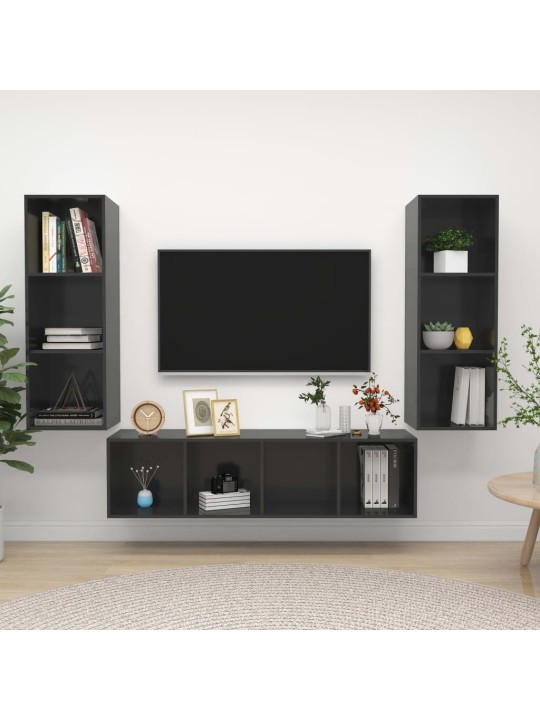 3dílný set TV skříněk šedý s vysokým leskem kompozitní dřevo