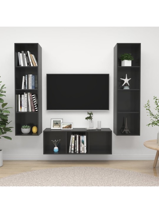 3dílný set TV skříněk šedý s vysokým leskem kompozitní dřevo
