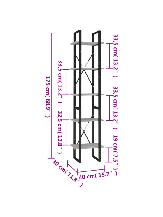 Knihovna s 5 policemi betonově šedá 40 x 30 x 175 cm kompozit