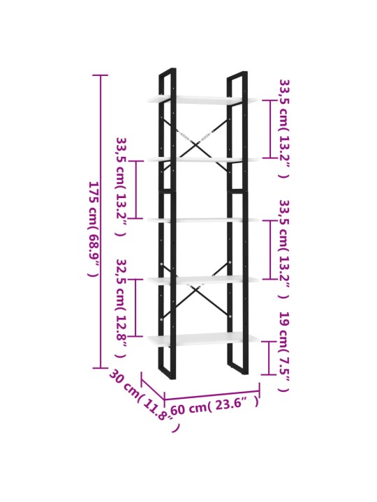 Knihovna s 5 policemi bílá 60 x 30 x 175 cm kompozitní dřevo