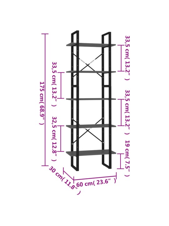 Knihovna s 5 policemi šedá 60 x 30 x 175 cm kompozitní dřevo